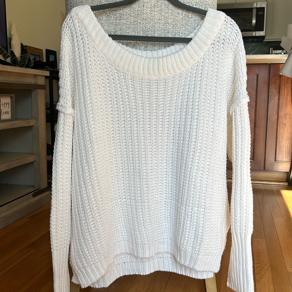 White Knit Sweater Off Shoulder Low Scoop Neck